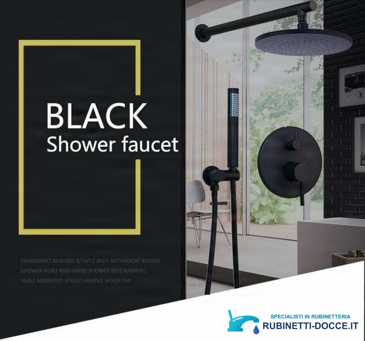 Sistema doccia a incasso EYN BP1225 a due uscite, finiture nero opaco, nero e nero opaco con ugelli bianchi