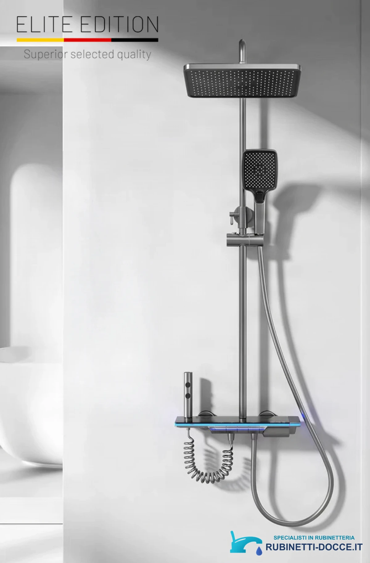Sistema doccia a parete ELITE EDITION BSE1307 con LED, getti massaggianti, cascata e finiture in più colori