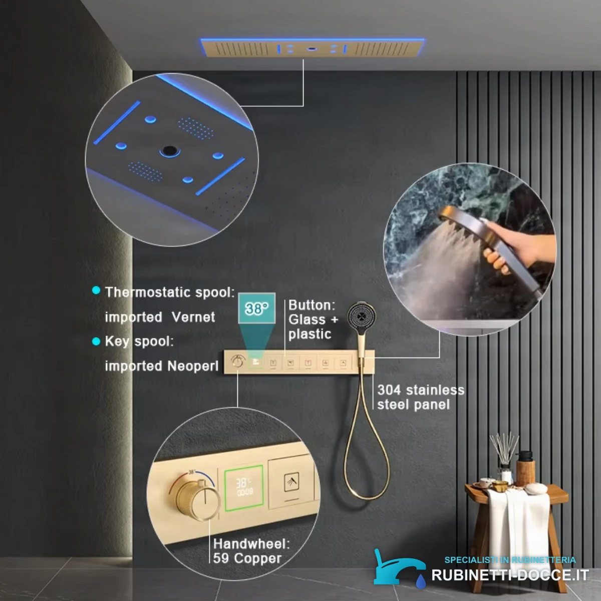 Sistema doccia termostatico a incasso ELITE EDITION BCS1045 a 6 funzioni, in argento satinato e altre varianti di colore