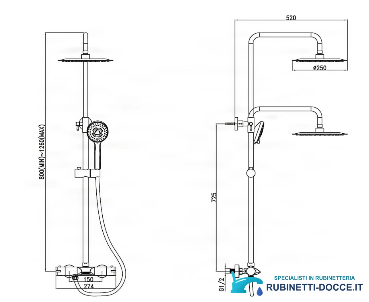 Disegno tecnico del sistema doccia termostatico ELITE EDITION BST1105 (800–1260 mm, G1/2)