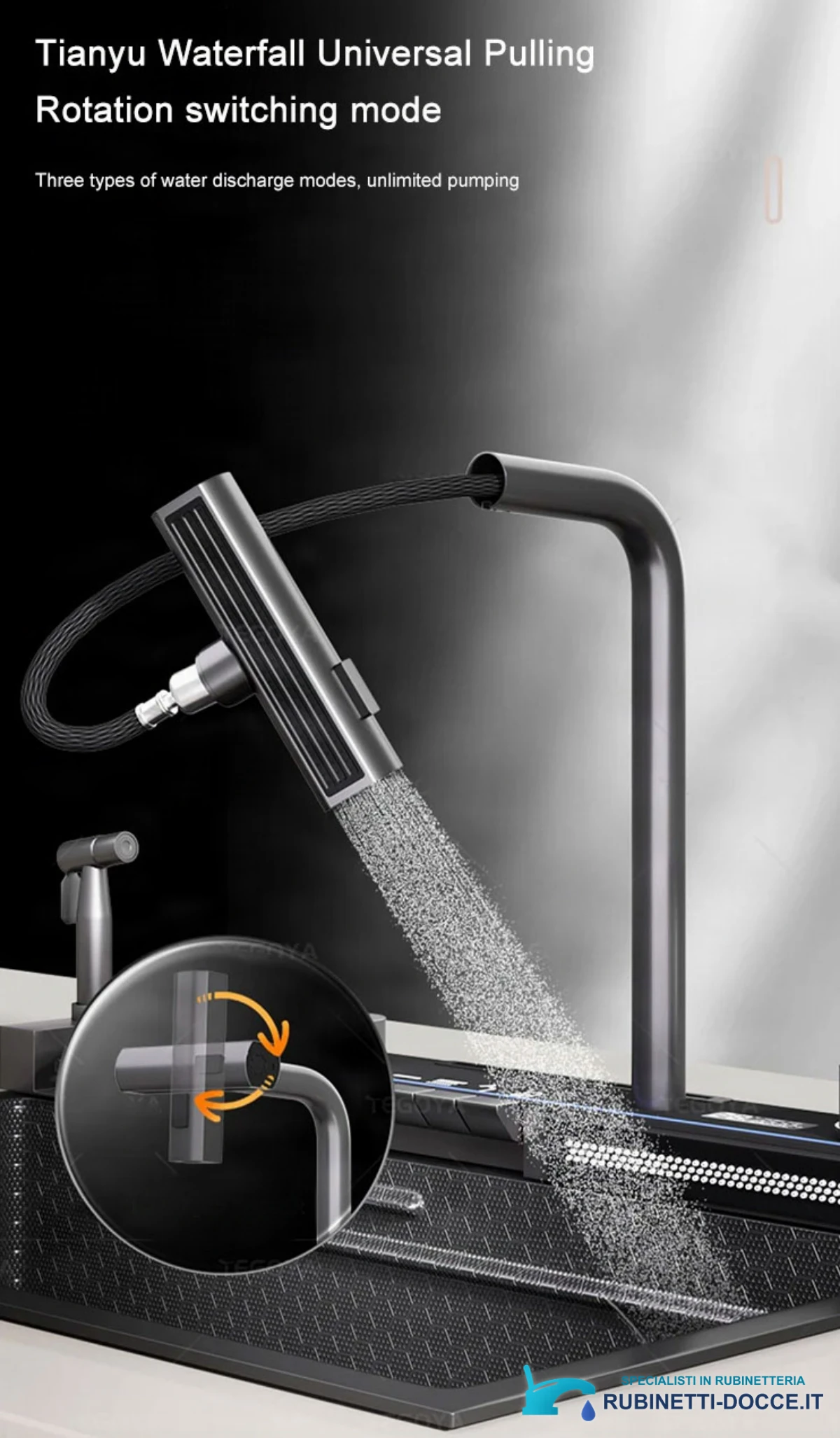 Rubinetto da cucina ELITE EDITION KS2299 multifunzione con doccetta estraibile, getto a cascata e LED, in più finiture