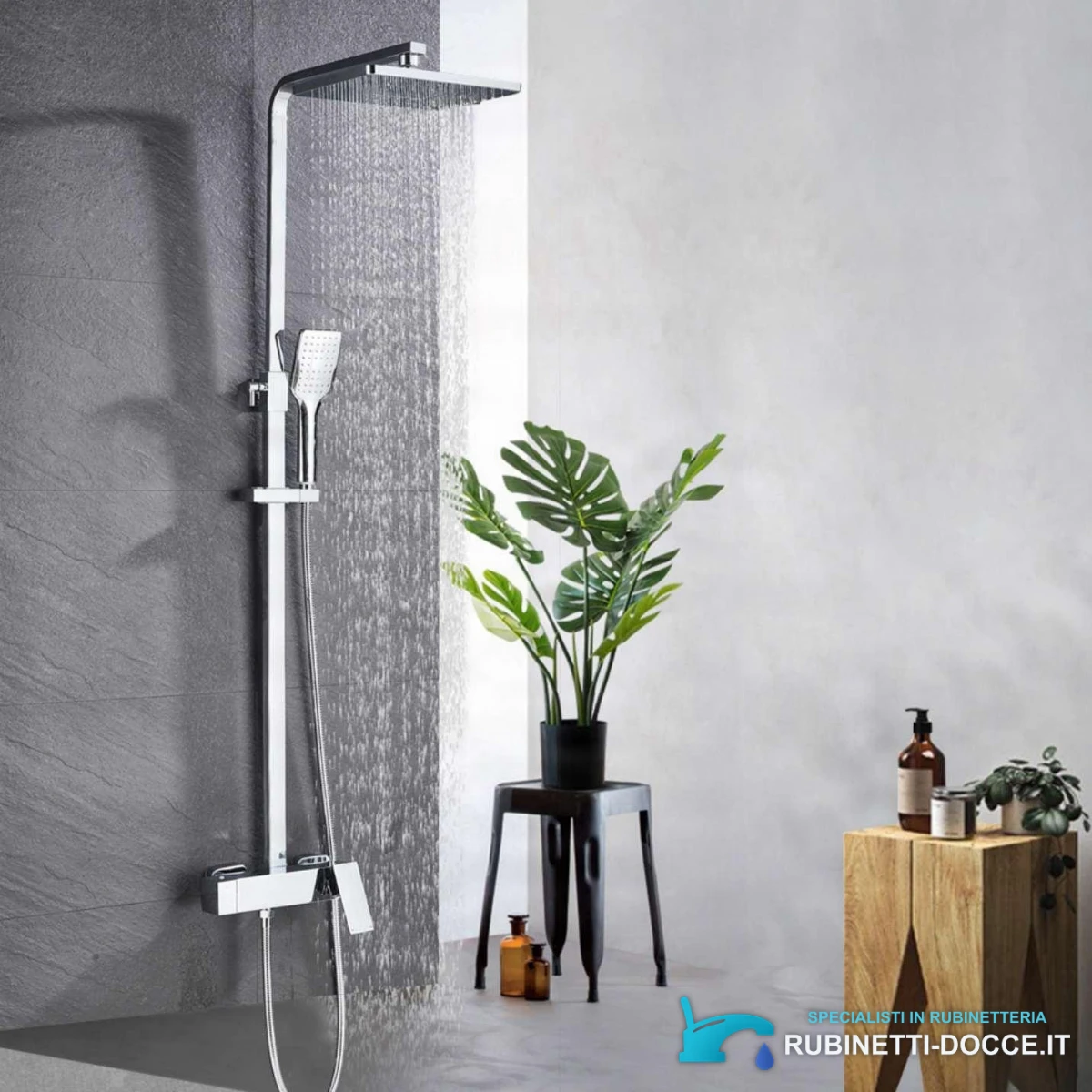Sistema doccia da incasso EYN BT1048 in uso: bagno moderno con parete grigia