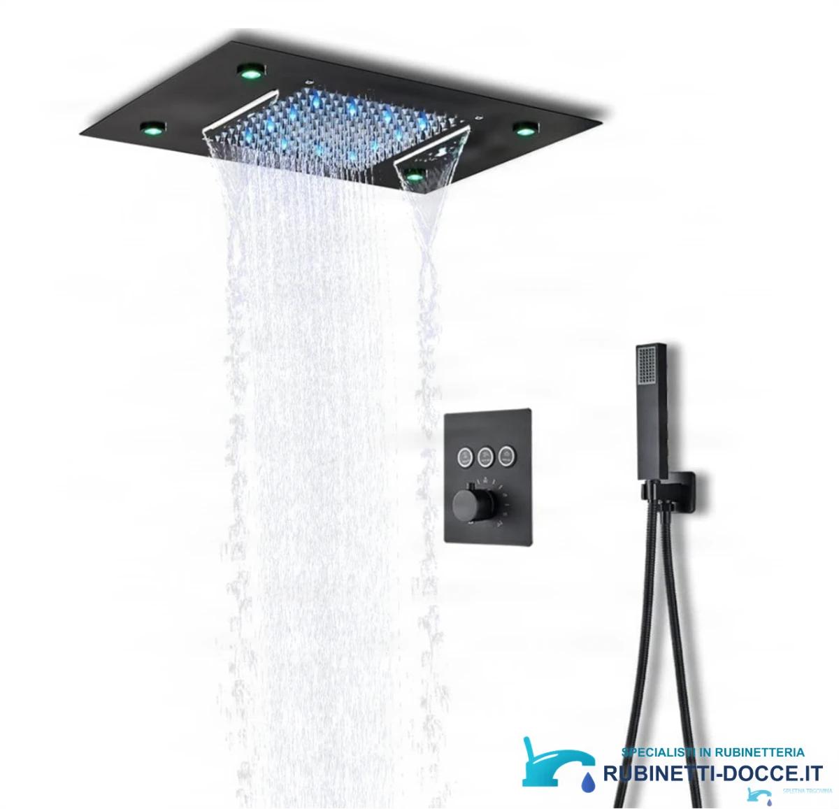 Sistema doccia da incasso EYN PT8899 con LED, termostato, cascata e getti multipli, in più finiture tra cui nero opaco e cromo