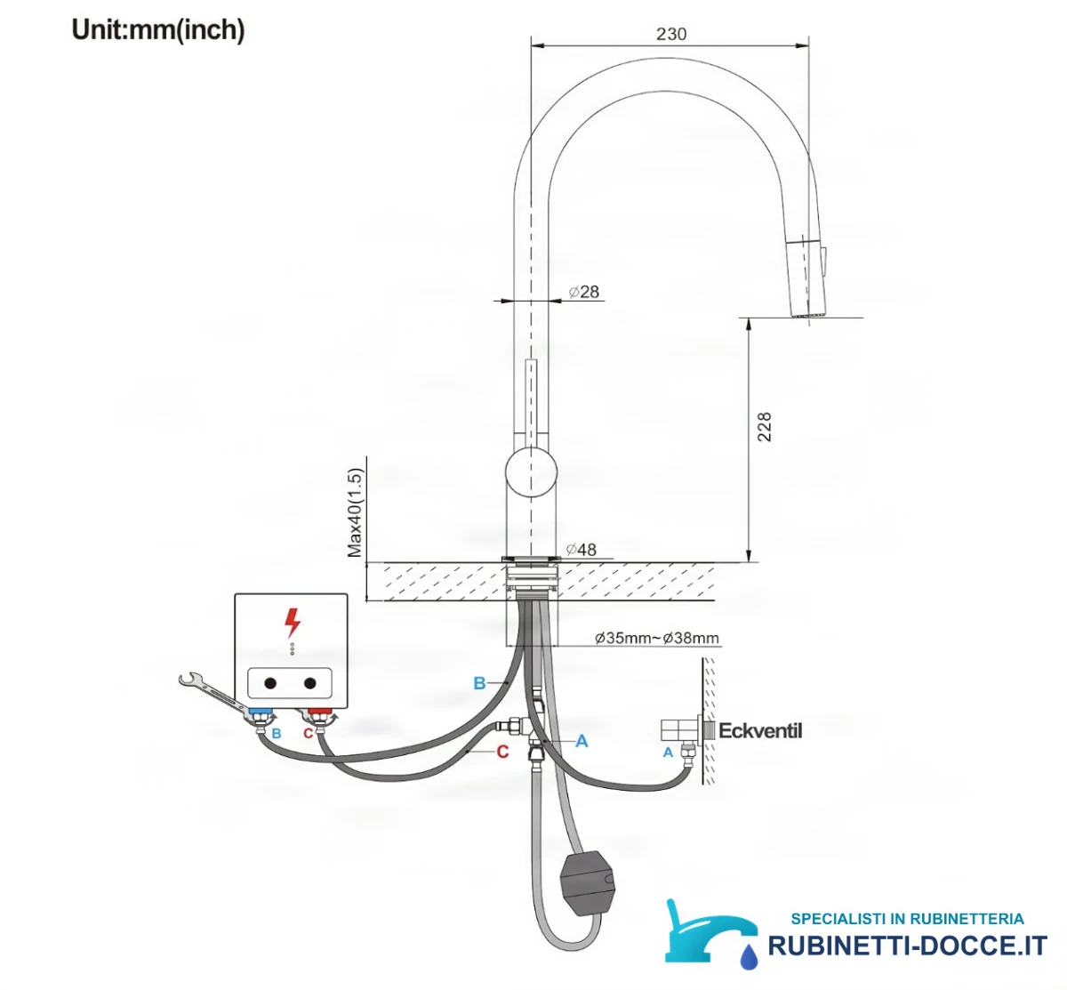 Disegno tecnico del miscelatore KL1109 a bassa o alta pressione (230 × 425 mm)