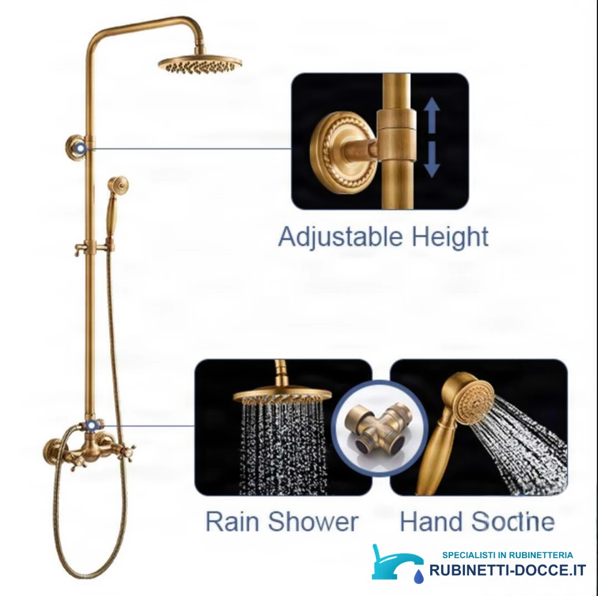 Sistema doccia TN1700 da esterno in ottone con LED, getti multipli e finiture multiple
