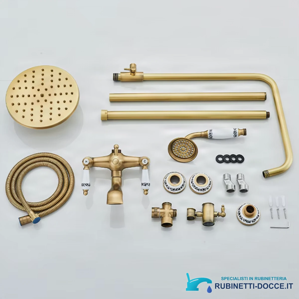 Sistema doccia esterno anticato BSE1241 con dettagli in ceramica ed effetto ottone dorato