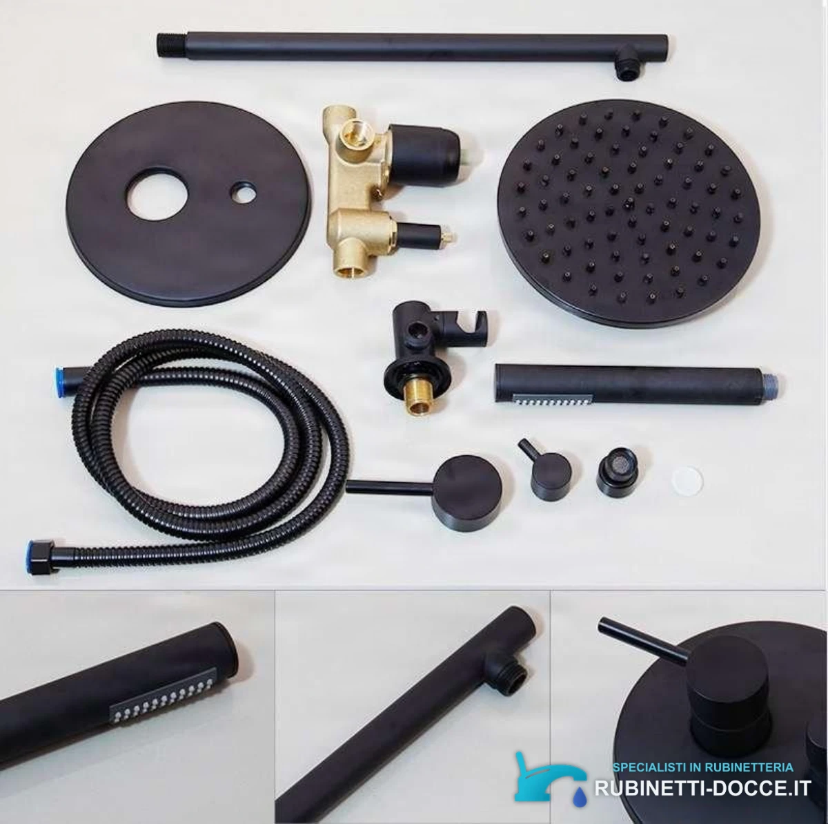 Sistema doccia a incasso EYN BP1225 a due uscite, finiture nero opaco, nero e nero opaco con ugelli bianchi