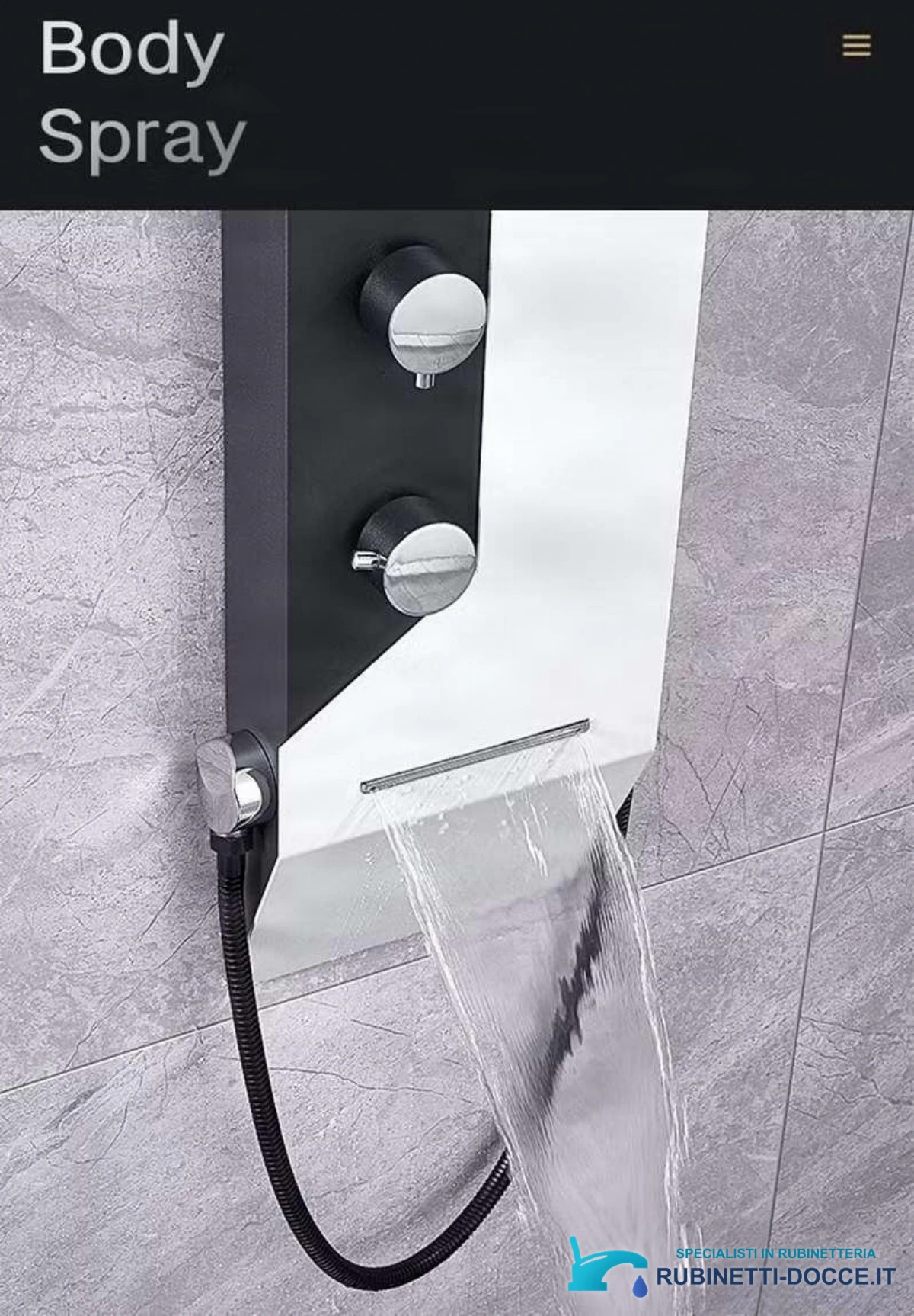 Dettaglio dell'ampia uscita a cascata del pannello doccia ELITE EDITION DELUX BSP1412