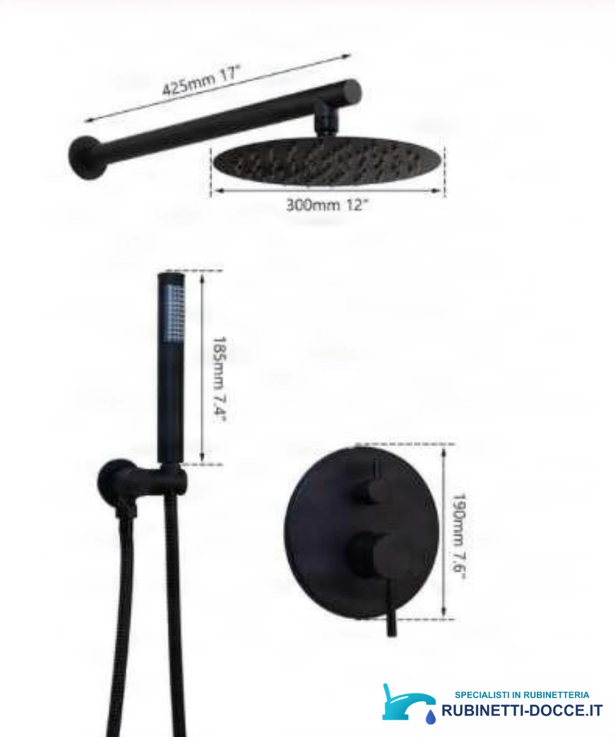 Sistema doccia a incasso EYN BP1225 a due uscite, finiture nero opaco, nero e nero opaco con ugelli bianchi