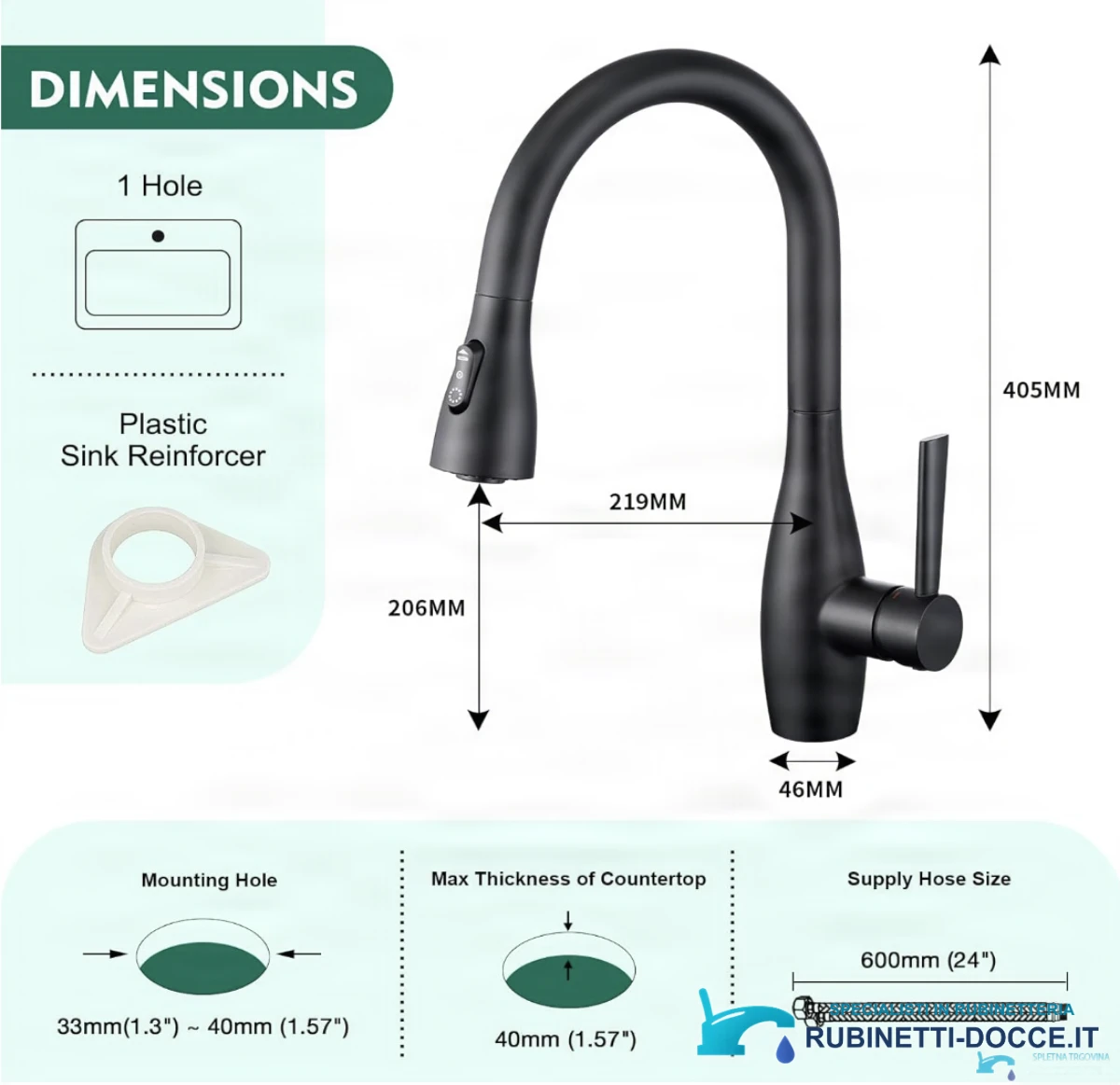 Disegno tecnico del rubinetto da cucina smart con sensore KFS1428 (405 × 219 mm)
