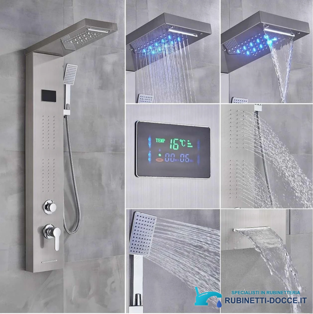Pannello doccia LED BSP1912, finitura spazzolata e cinque funzioni