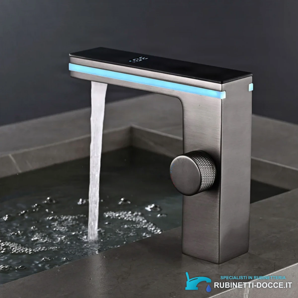 Rubinetto lavabo ELITE EDITION BS1826 frontale con bocca ampia, fascia LED e manopola