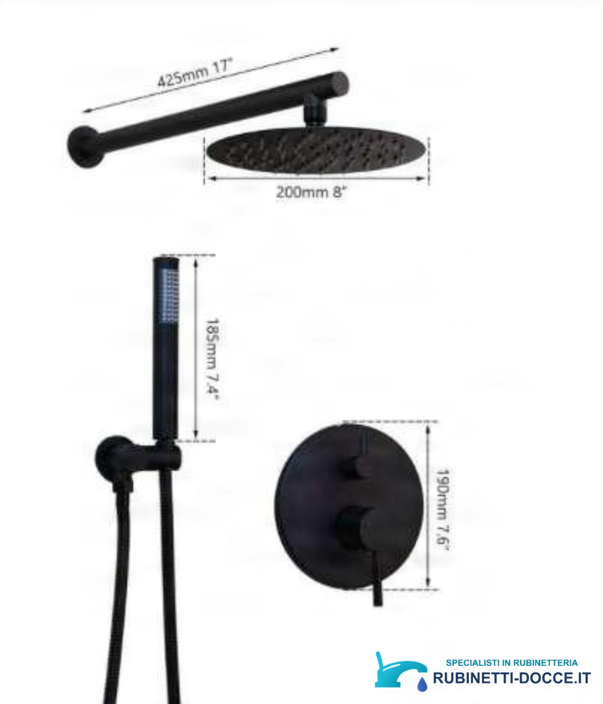 Specifiche sistema doccia da incasso EYN BP1225: soffione da 200 mm e braccio da 425 mm