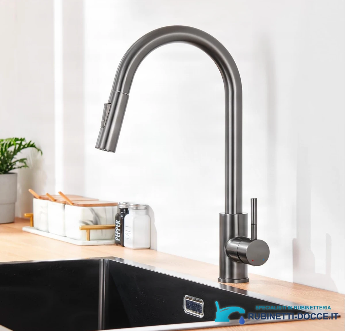 Rubinetto da cucina ELITE EDITION KF1410 con doccetta estraibile multigetto, LED e finitura canna di fucile