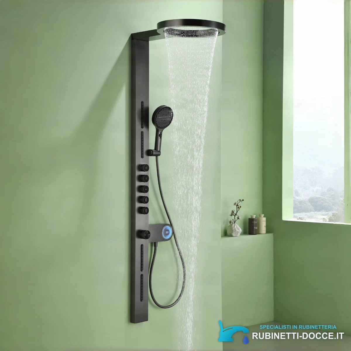 Sistema doccia ELITE EDITION BSW1726 in uso: bagno verde e display digitale