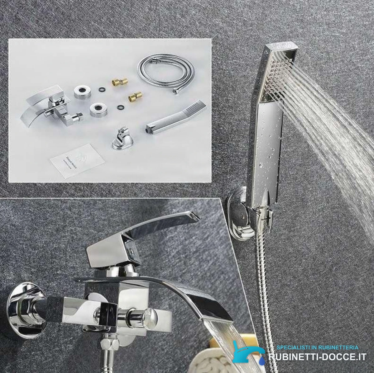 Miscelatore vasca EYN3535 in uso con bocca a cascata e doccetta