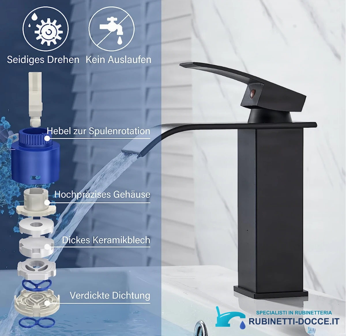 Miscelatore per lavabo EYN103 in ottone con bocca a cascata, disponibile in più finiture