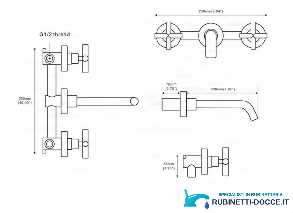 Disegno tecnico del WB2248: larghezza 250 mm, altezza 255 mm e raccordo G1/2