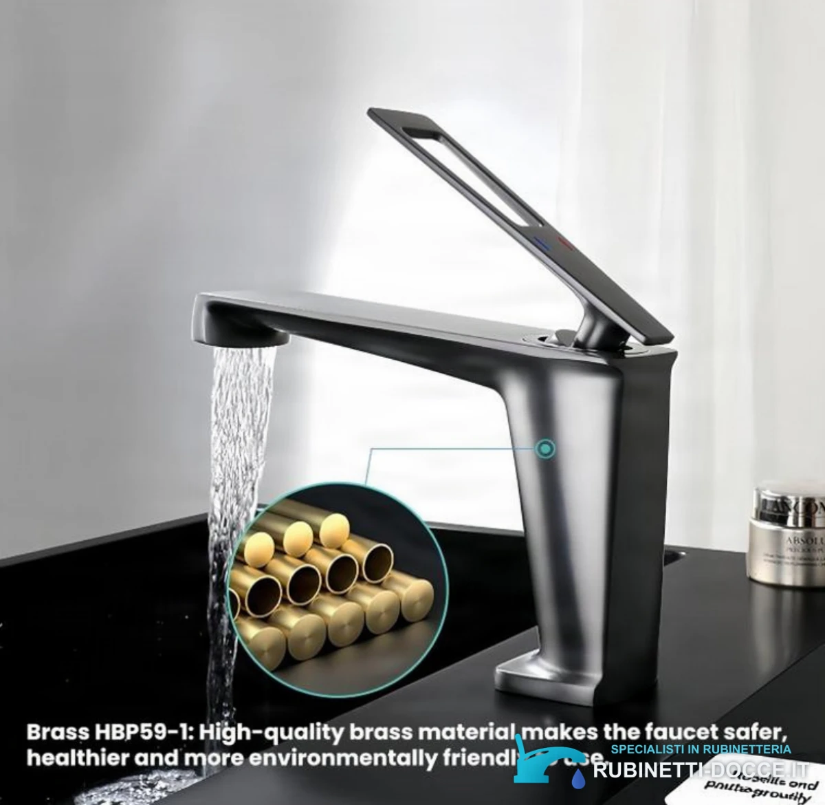 Rubinetto per lavabo ELITE EDITION BBS1257 in ottone con bocca a cascata, disponibile in più finiture
