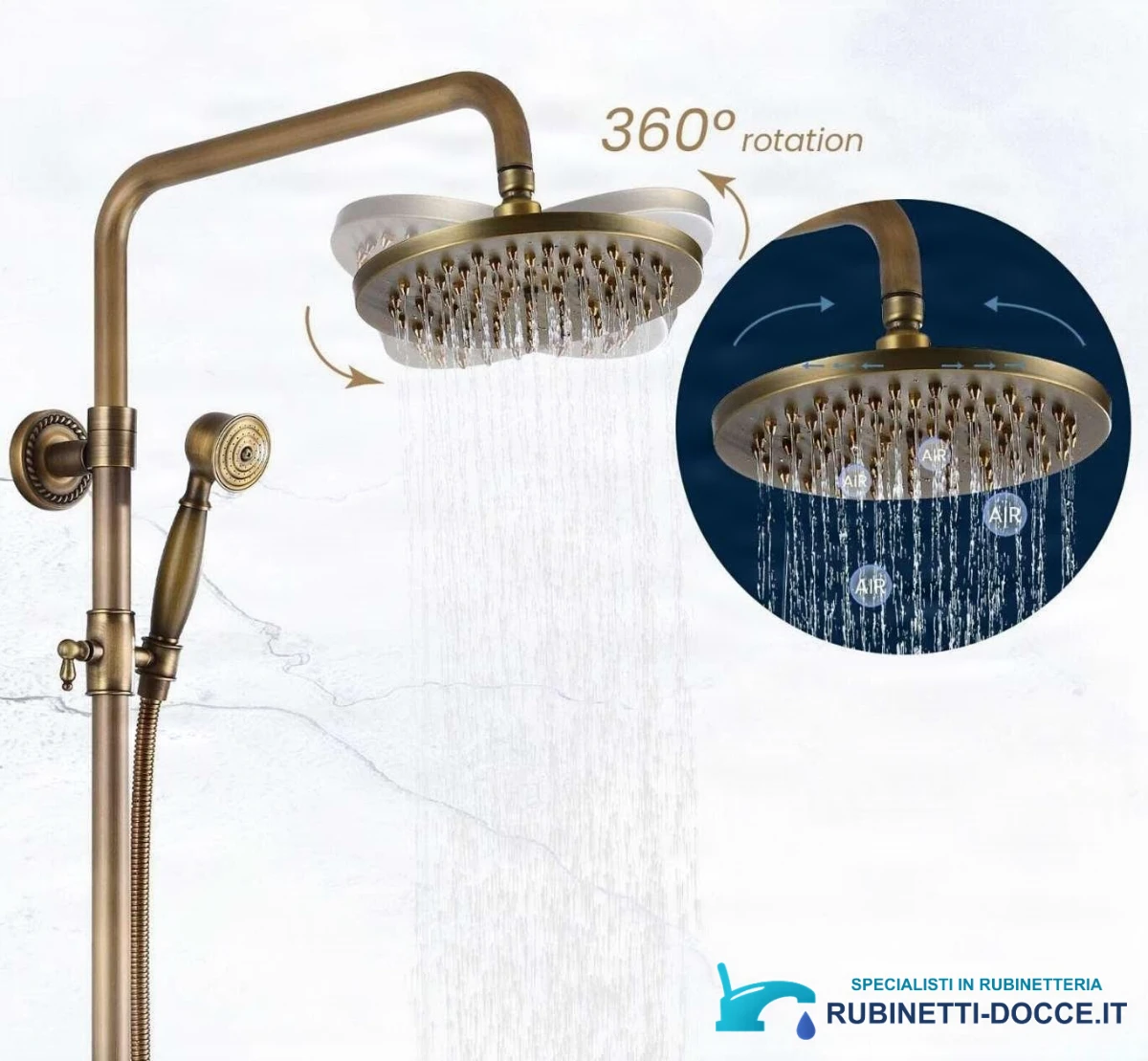 Sistema doccia esterno EYN woo-3100 AT1442 con bocca girevole, in ottone antico, bronzo antico e altre finiture