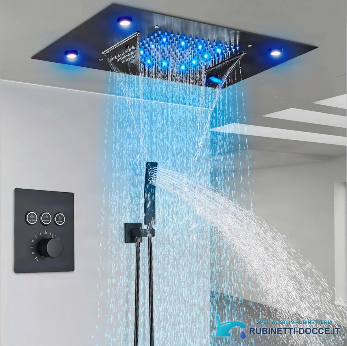 Sistema doccia da incasso EYN PT8899 con LED, termostato, cascata e getti multipli, in più finiture tra cui nero opaco e cromo