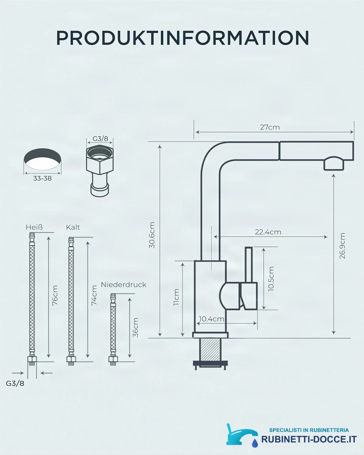 Low-Pressure Kitchen Tap, Single Lever Hot and Cold Water Tap, Tap with 3 Connections for Boilers, Suitable for Boilers and Under-Sink Boilers, Mat Zwart