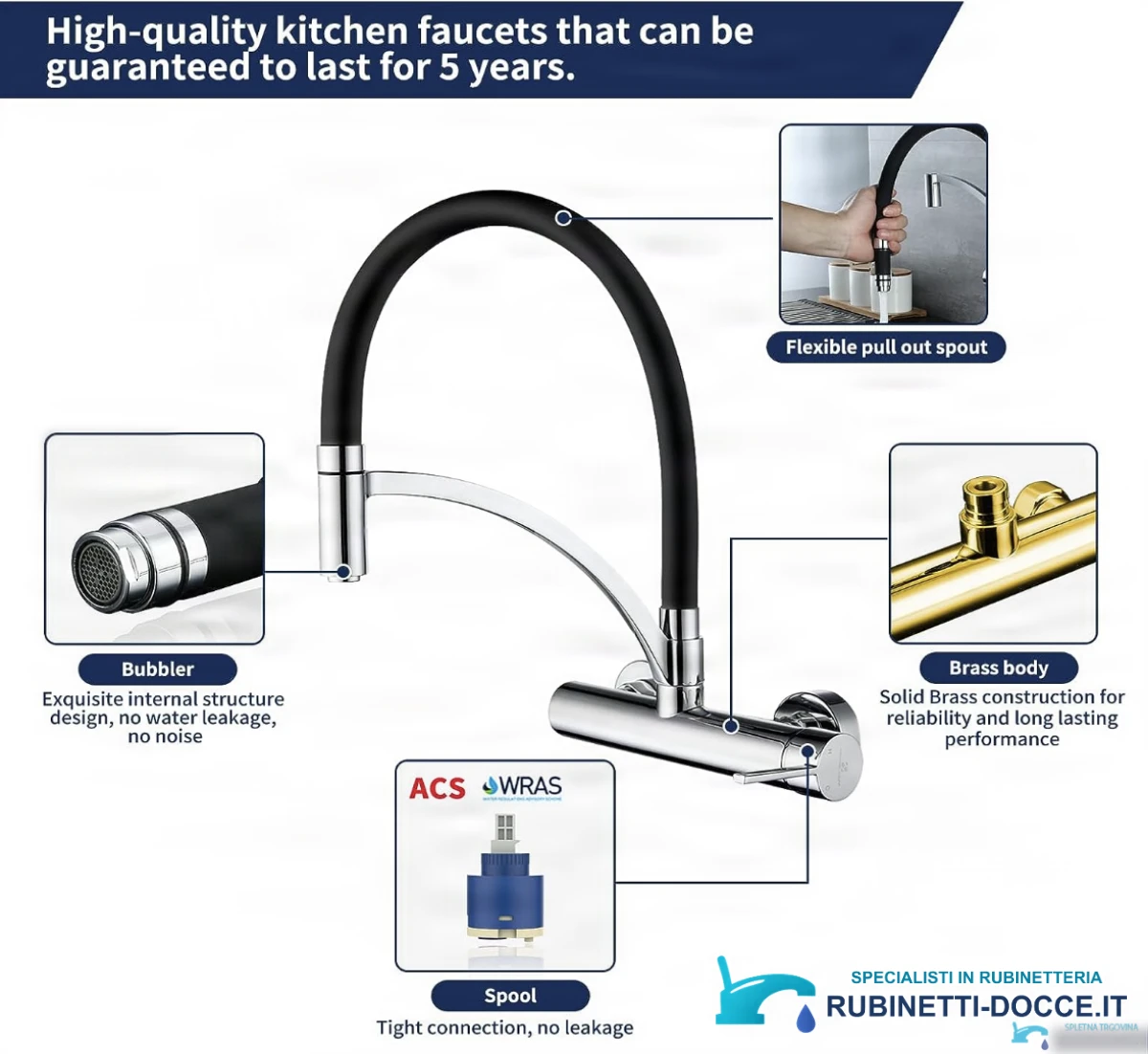 Specifiche del rubinetto cucina a parete WL1026: bocca flessibile, aeratore e cartuccia