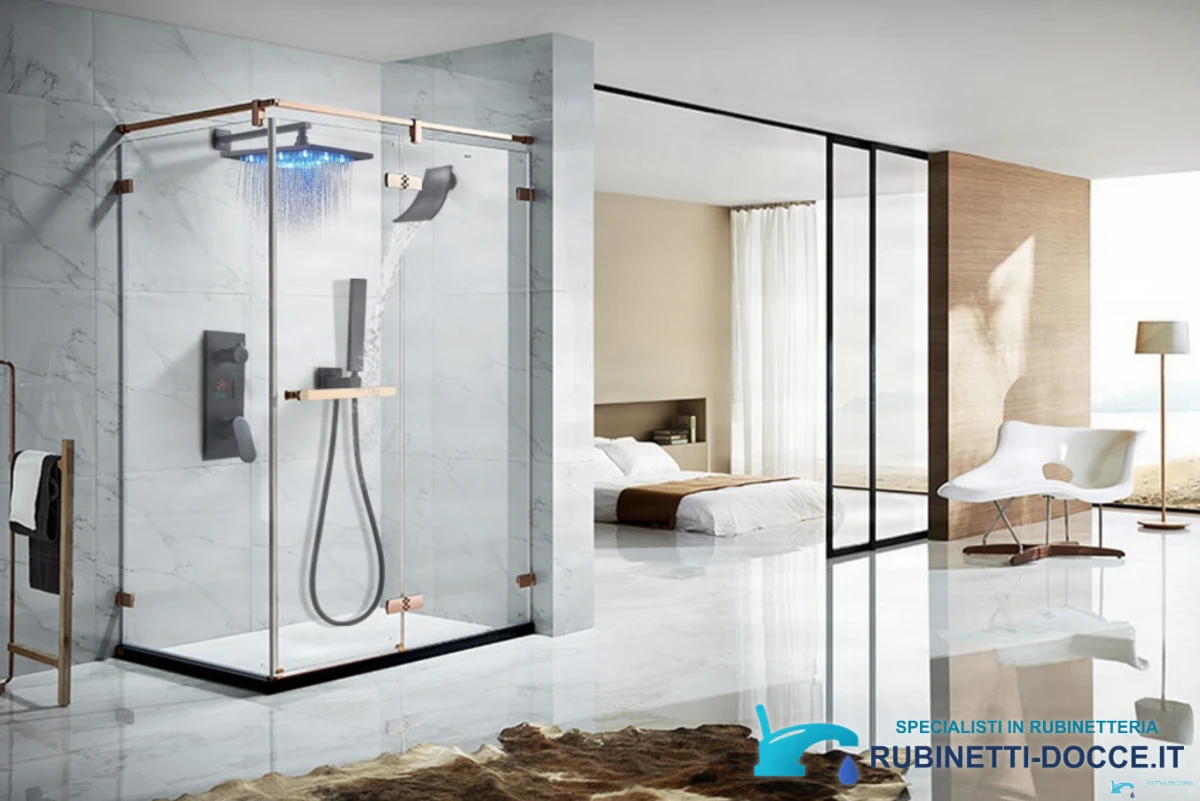 Sistema doccia da incasso EYN PT1036 con LED e getto a cascata, nelle finiture nero e nero opaco