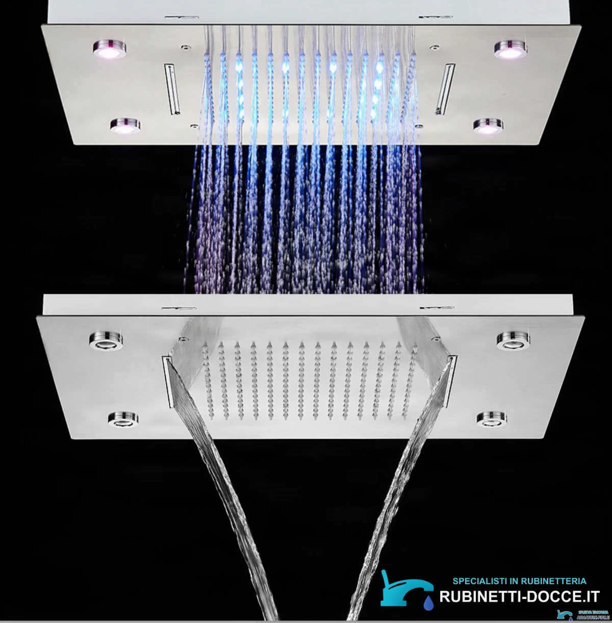 Sistema doccia da incasso EYN PT8899 con LED, termostato, cascata e getti multipli, in più finiture tra cui nero opaco e cromo
