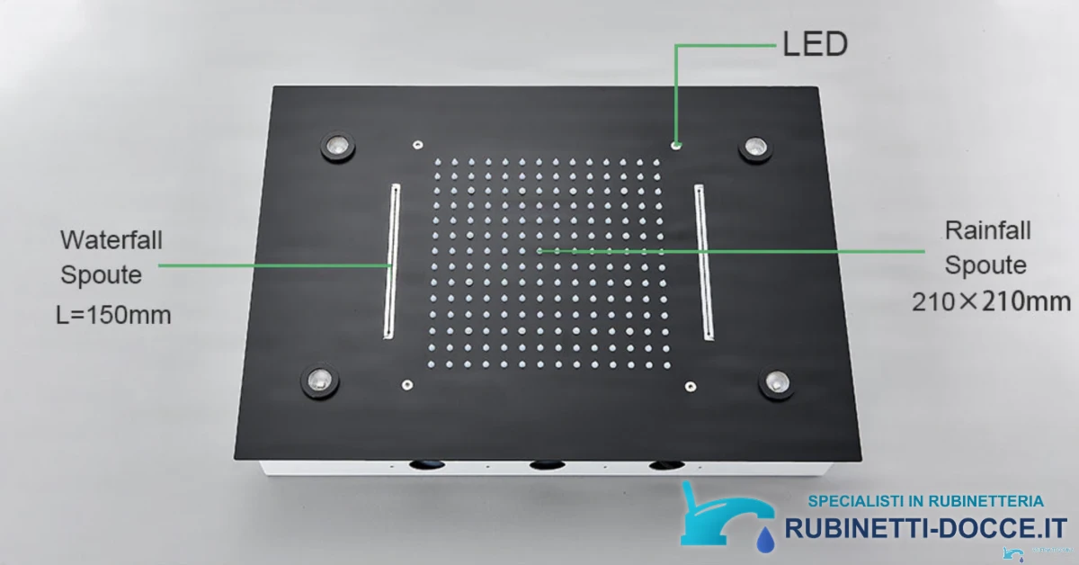 Sistema doccia da incasso EYN PT8899 con LED, termostato, cascata e getti multipli, in più finiture tra cui nero opaco e cromo