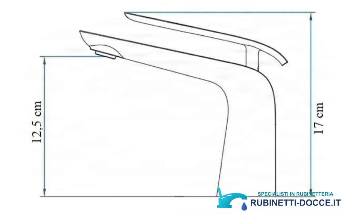 Disegno tecnico del rubinetto lavabo woo-6963, altezza totale 17 cm e altezza bocca 12,5 cm