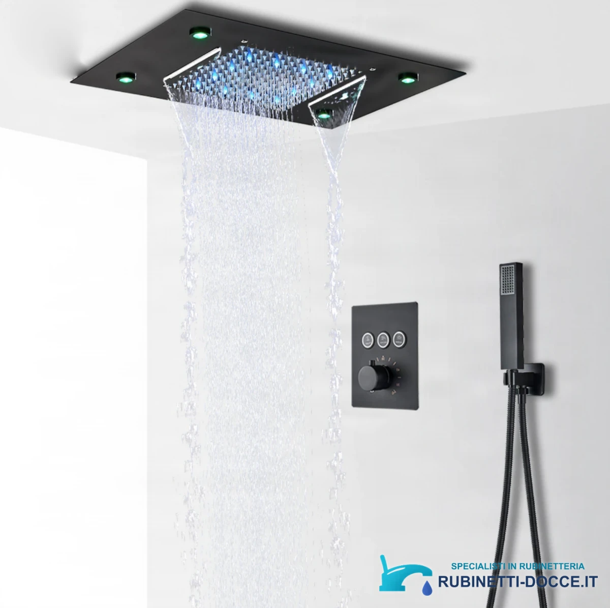 Sistema doccia da incasso EYN PT8899 con LED, termostato, cascata e getti multipli, in più finiture tra cui nero opaco e cromo