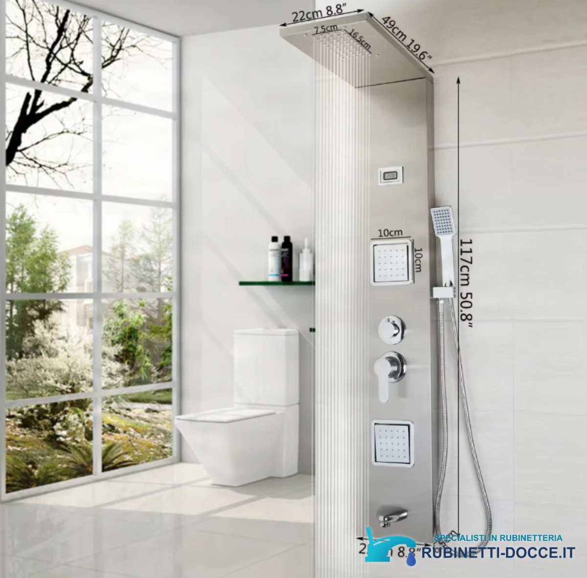 Misure del pannello doccia EYN TP1554: altezza 117 cm, argento spazzolato