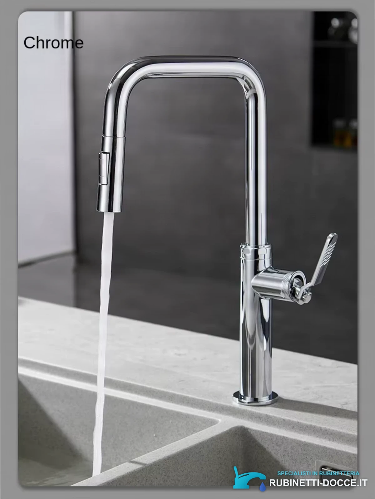 Rubinetto da cucina estraibile moderno ELITE EDITION KF1692 cromato, in uso su lavello grigio