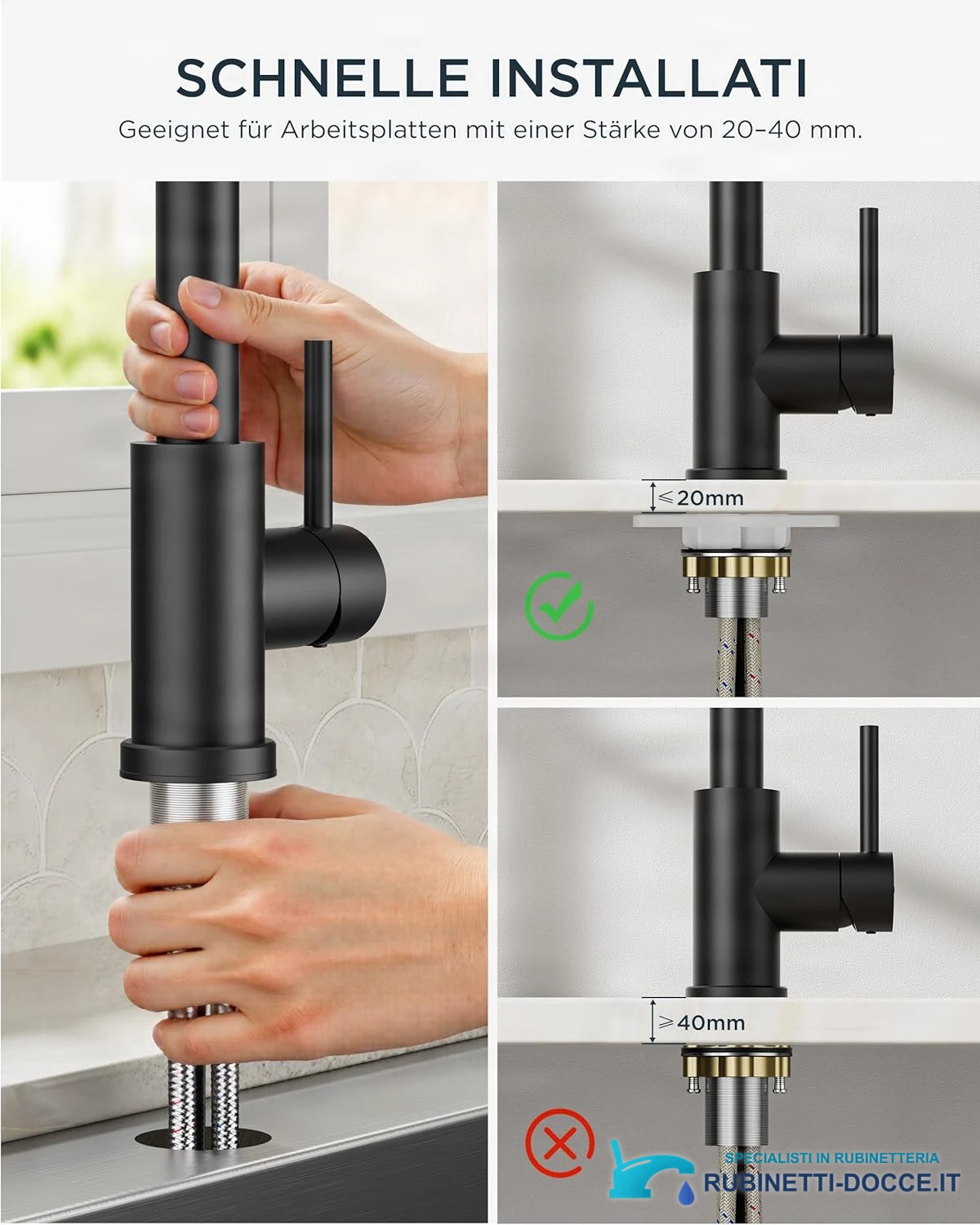 Low-Pressure Kitchen Tap, Single Lever Hot and Cold Water Tap, Tap with 3 Connections for Boilers, Suitable for Boilers and Under-Sink Boilers, Mat Zwart