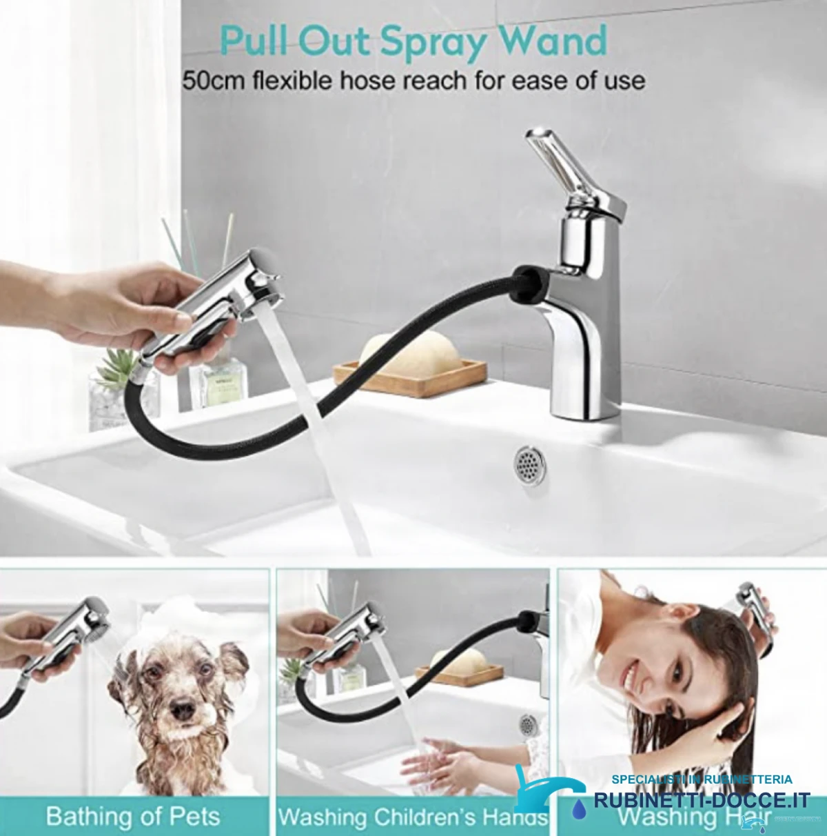 Rubinetto da bagno EYN IZK1444 con doccetta estraibile, in cromo o nero opaco