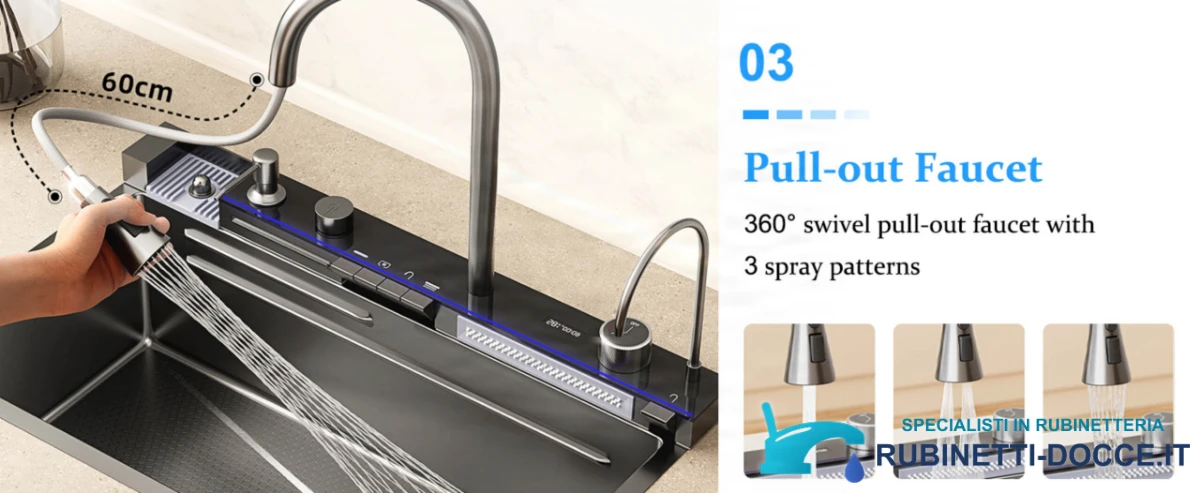 Rubinetto da cucina ELITE EDITION KS2199 con doccetta estraibile e LED, nero grafite, nero e nero con dettagli argento