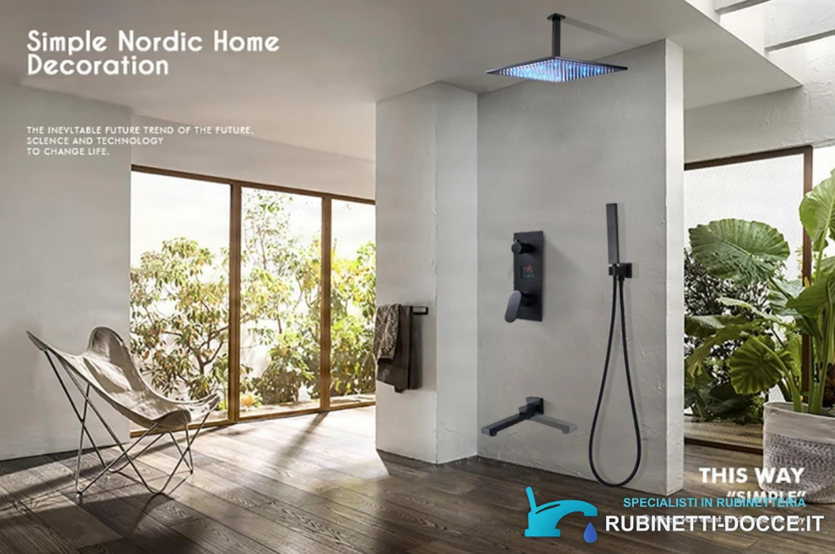 Sistema doccia da incasso EYN PT1036 con LED e getto a cascata, nelle finiture nero e nero opaco