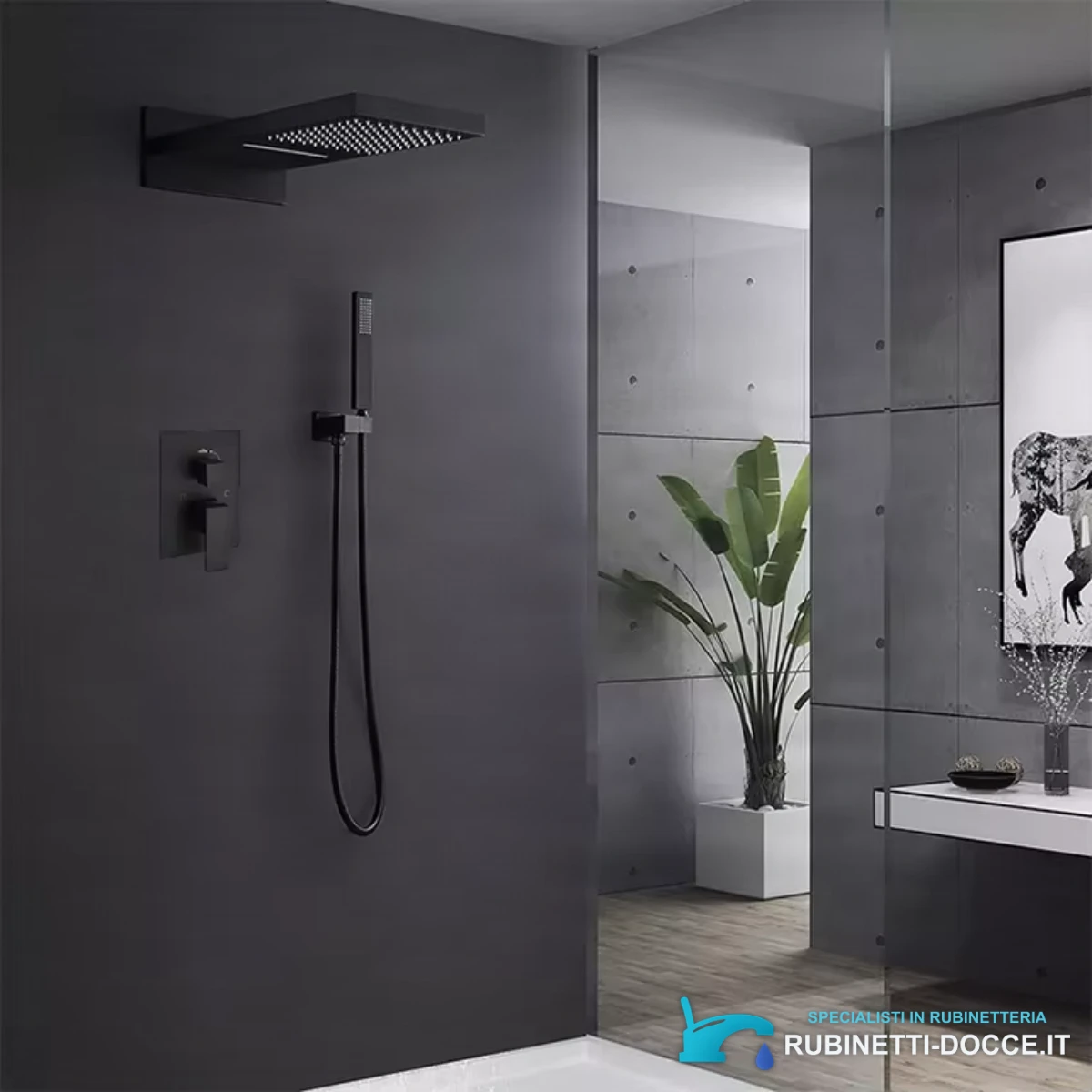 Sistema doccia di lusso in ottone nero ELITE EDITION BSC1682 con getto a cascata e pioggia in bagno moderno