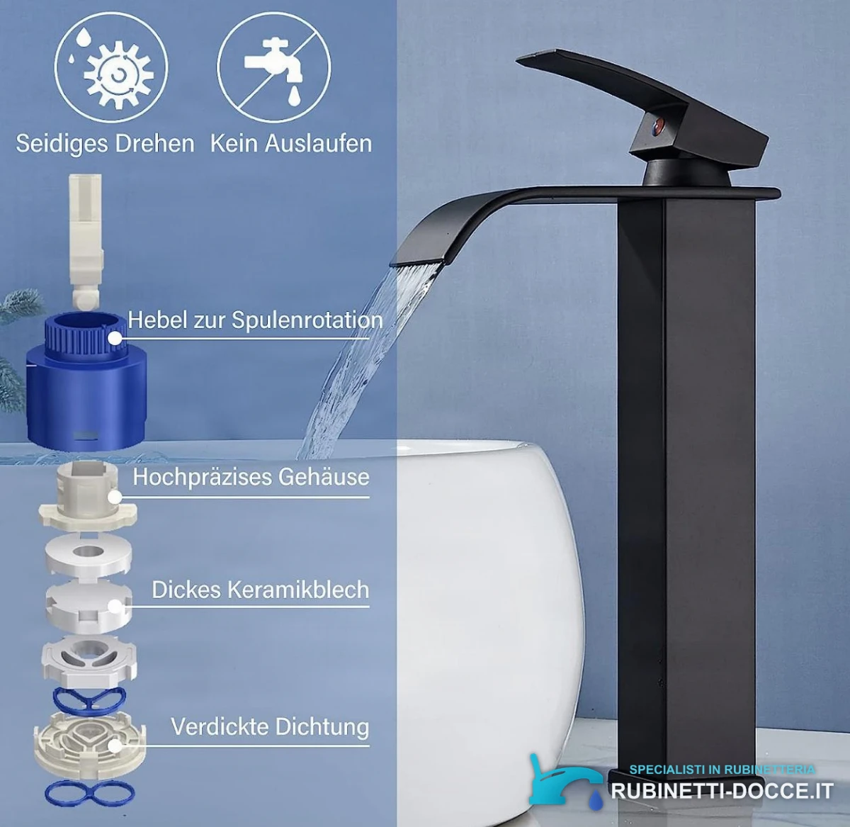 Specifiche del miscelatore da lavabo EYN103: cartuccia ceramica e bocca a cascata