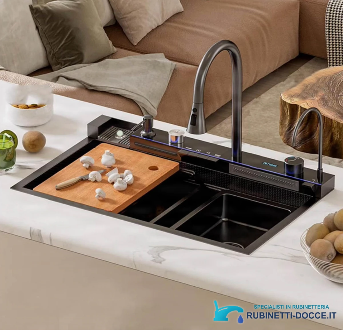 Rubinetto da cucina ELITE EDITION KS2199 con doccetta estraibile e LED, nero grafite, nero e nero con dettagli argento