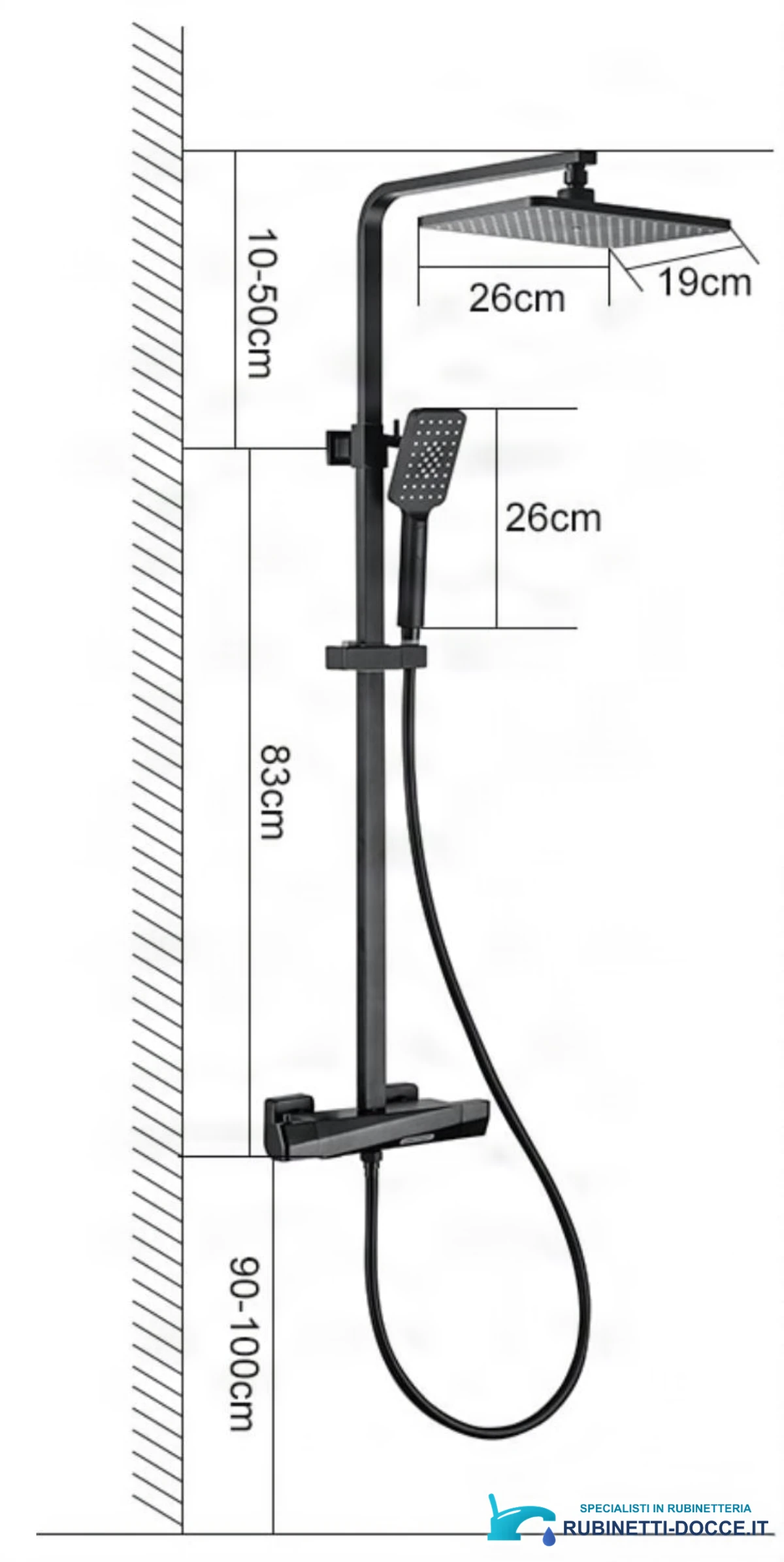 Disegno tecnico del sistema doccia EYN TB1751 (26 × 19 cm, regolabile in altezza)