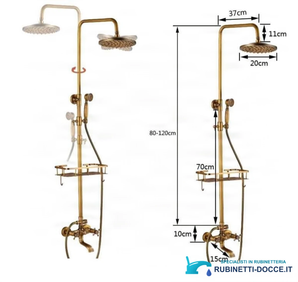 Misure del set anticato EYN AK1424 woo-13073: altezza 80–120 cm, sporgenza 37 cm
