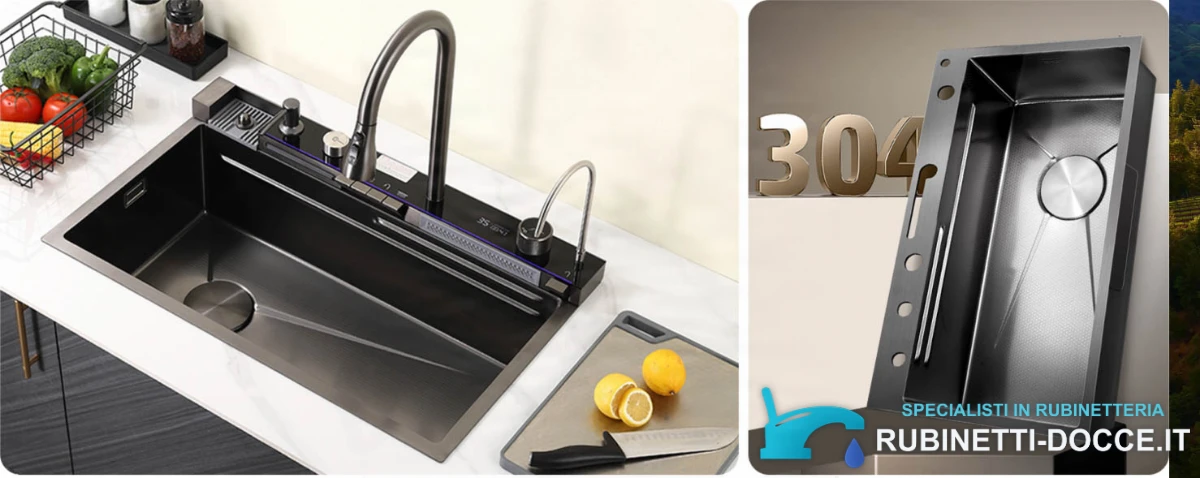 Rubinetto da cucina ELITE EDITION KS2199 con doccetta estraibile e LED, nero grafite, nero e nero con dettagli argento