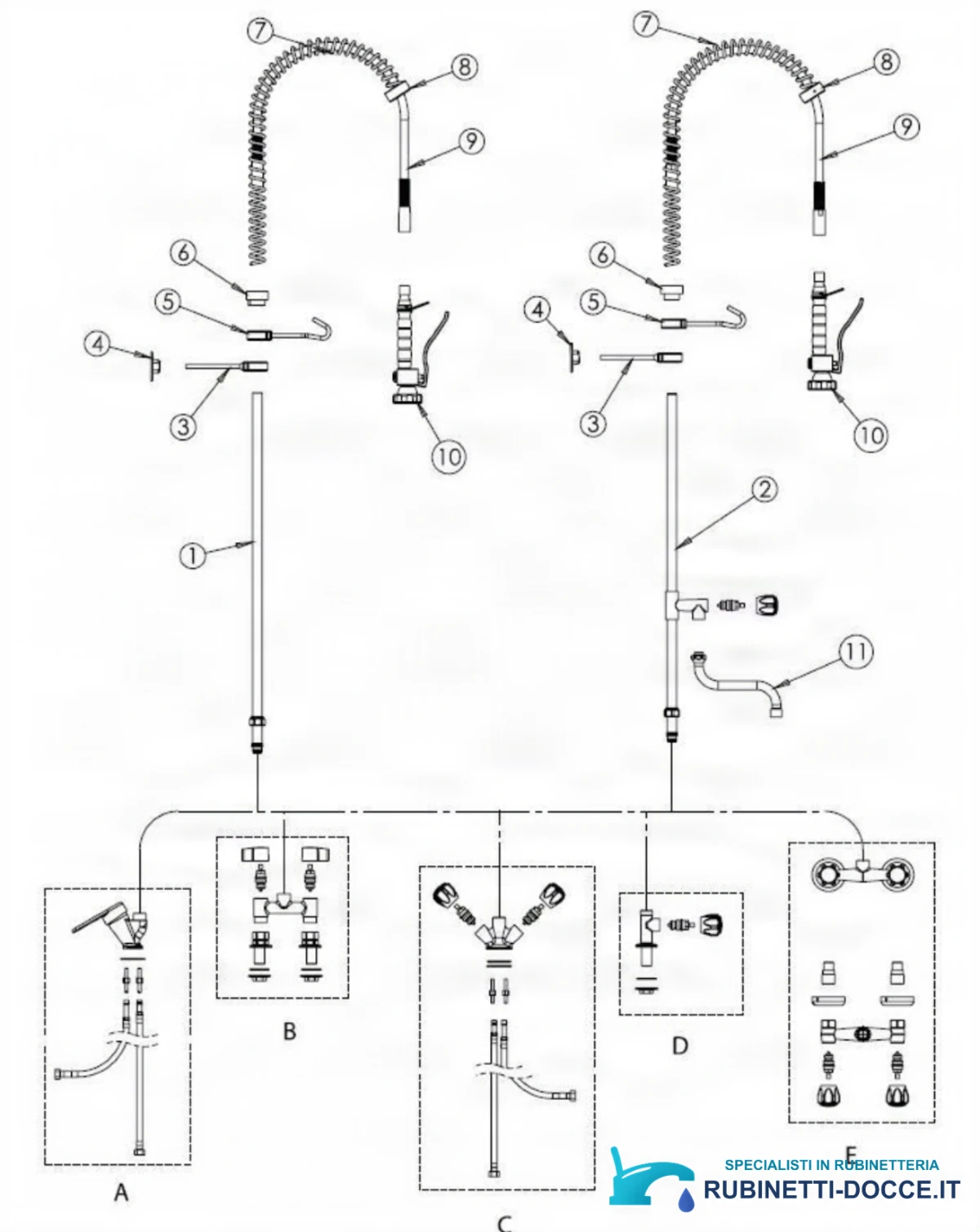 Disegno tecnico del rubinetto a parete SPRO1228 con componenti e varianti di collegamento