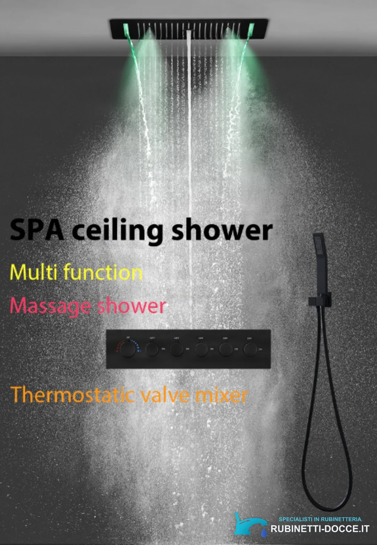 Sistema doccia a incasso ELITE EDITION BCS1557 termostatico con LED, getto a cascata e idromassaggio, nero e nero opaco