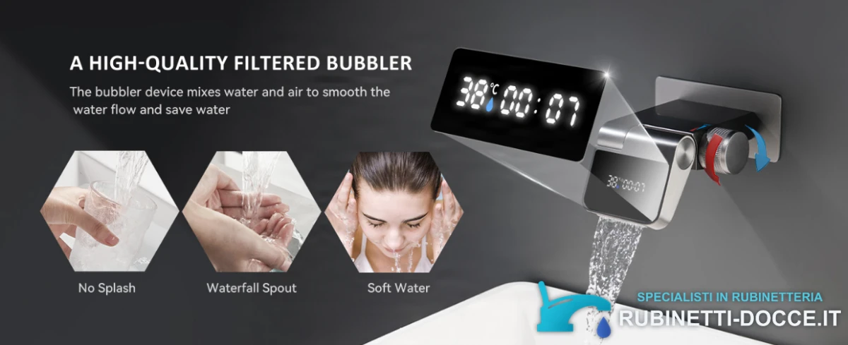 Rubinetto da parete ELITE EDITION BSW1500 con display della temperatura e bocca a cascata girevole a 180°, in più finiture