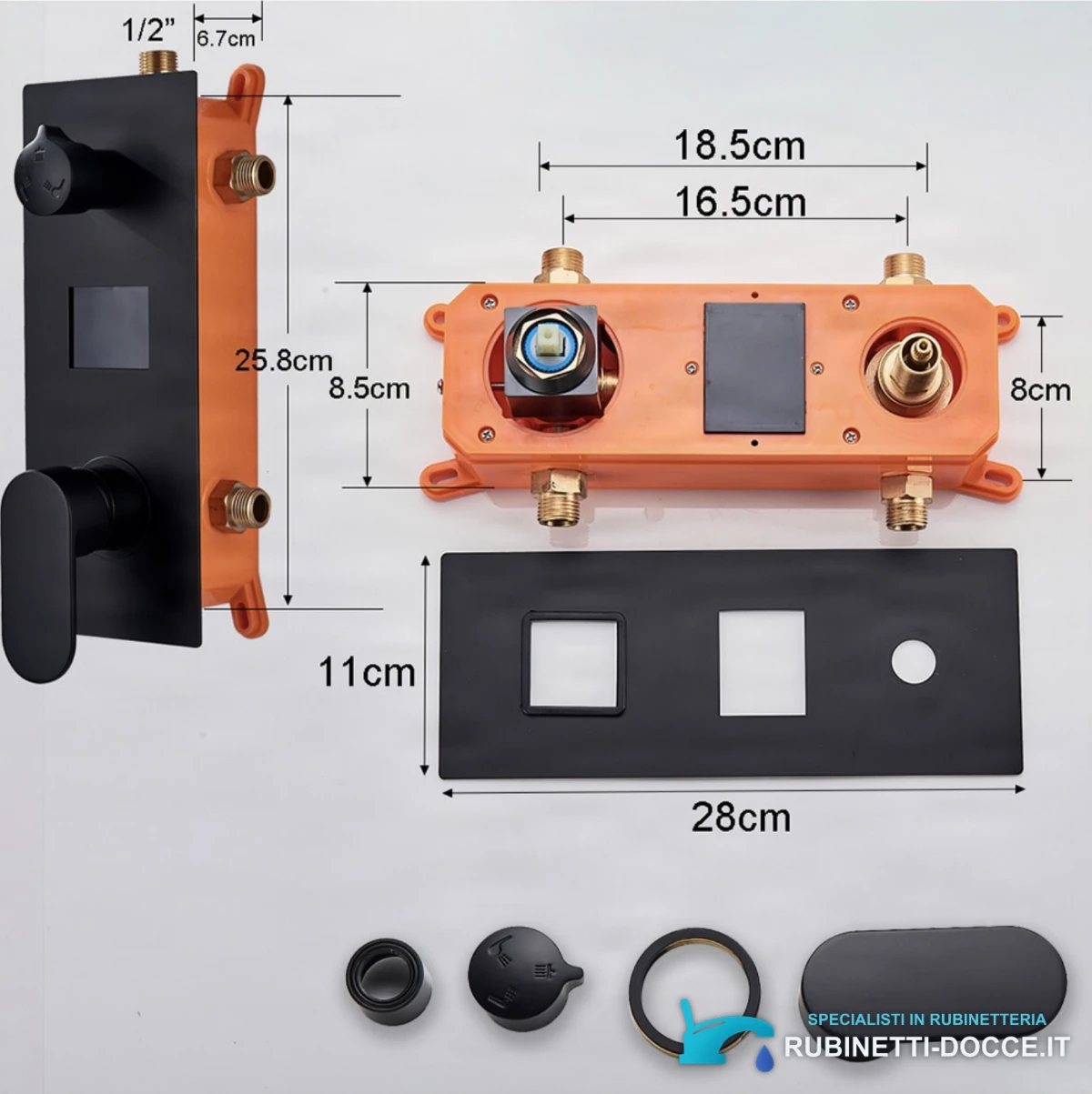 Sistema doccia da incasso EYN PT1036 con LED e getto a cascata, nelle finiture nero e nero opaco