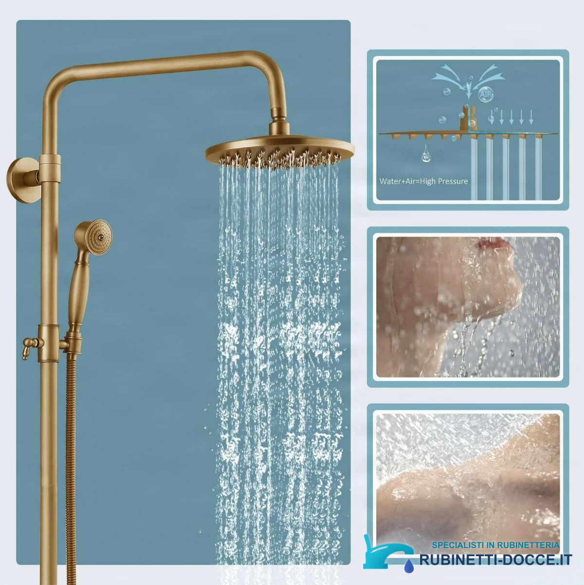 Sistema doccia esterno EYN woo-3100 AT1442 con bocca girevole, in ottone antico, bronzo antico e altre finiture