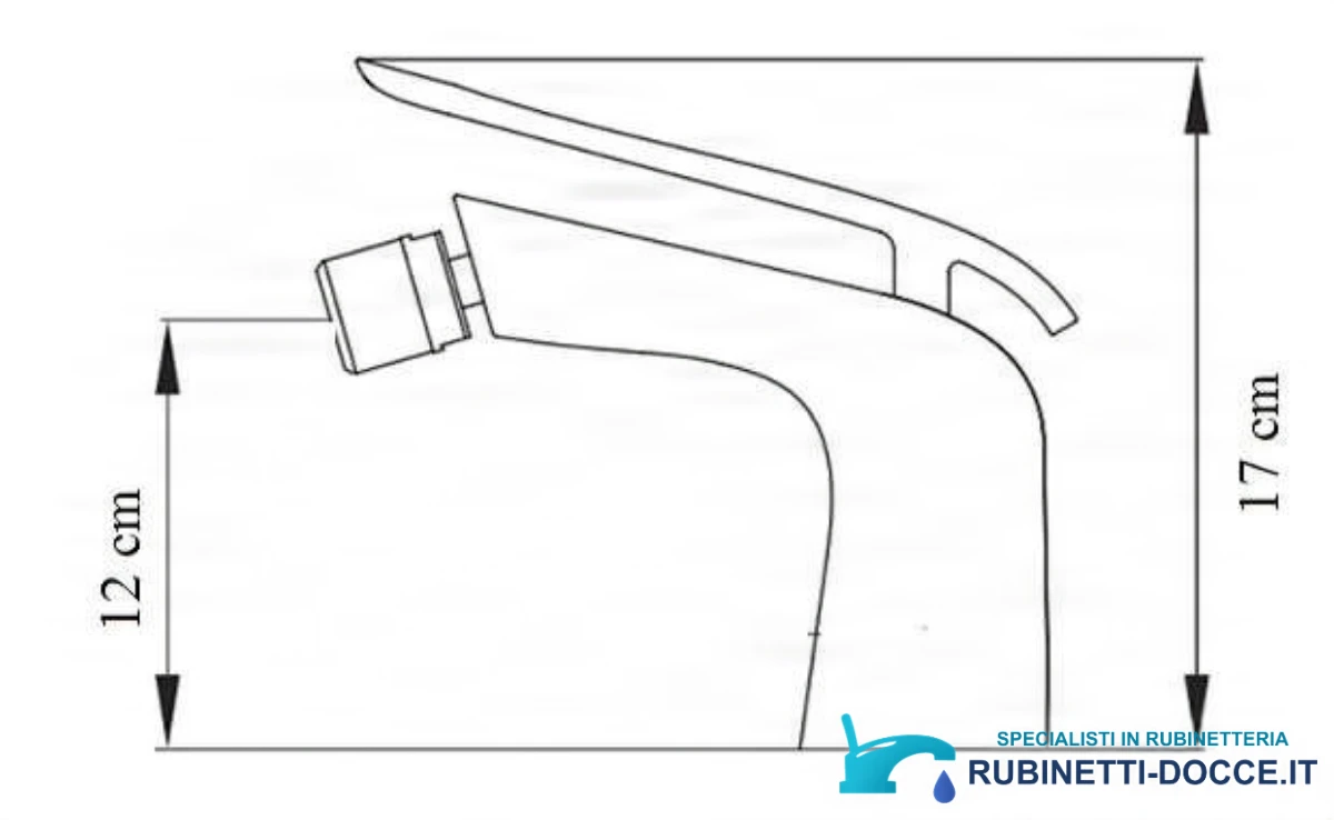 Disegno tecnico del rubinetto bidet woo-6963, altezza totale 17 cm e altezza bocca 12 cm